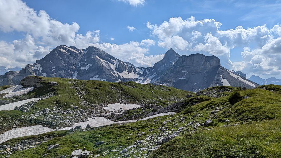 Green alpine meadow with limestone peaks and summer snow patches