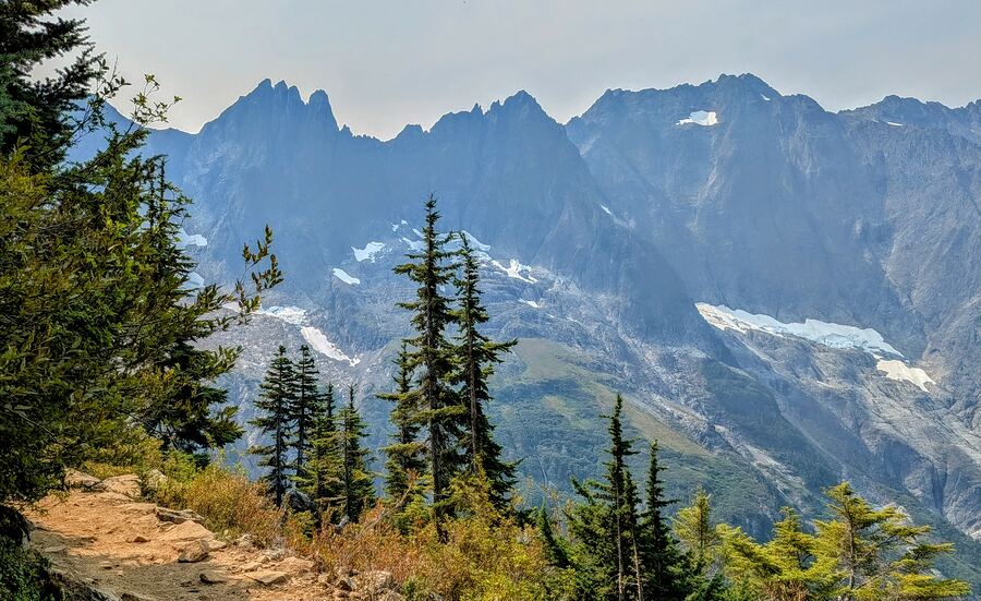 Jagged peaks and a hanging glacier seen from a forested trail